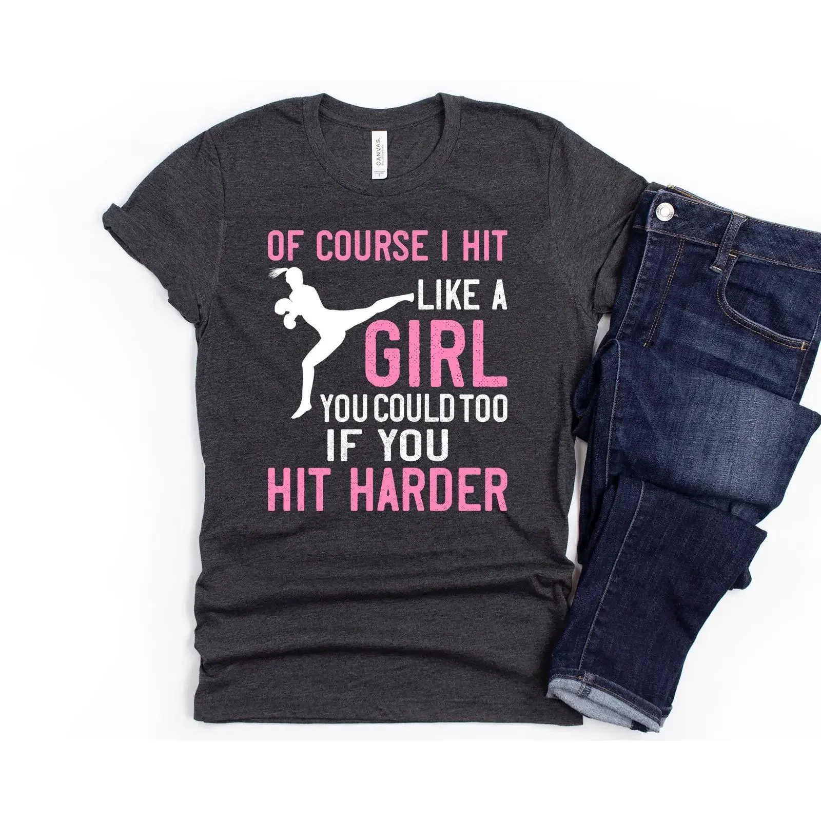 Womens Kickboxing T Shirt Hit Like a Girl Class Pink   vintage Washed Casual streetwear Top For Everyday Wear fashion Slightly