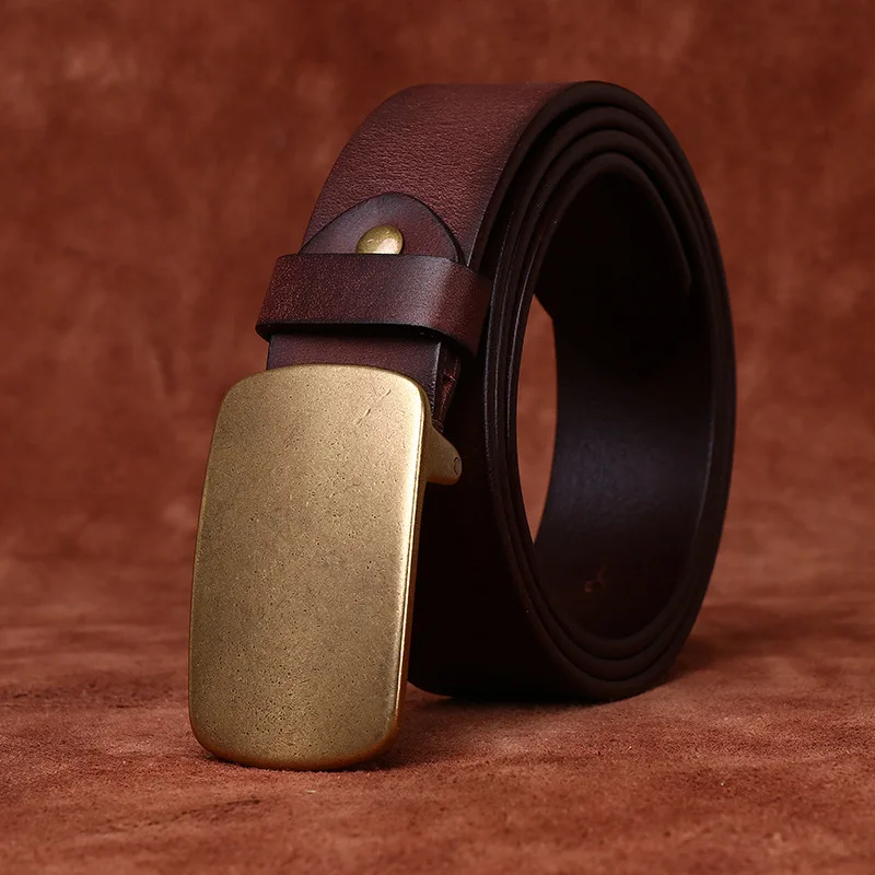 3.8cm Pure Cowskin Men Belt High Quality Genuine Leather Smooth Brass Buckle Retro Old Frosted Trendy  Belts for Man