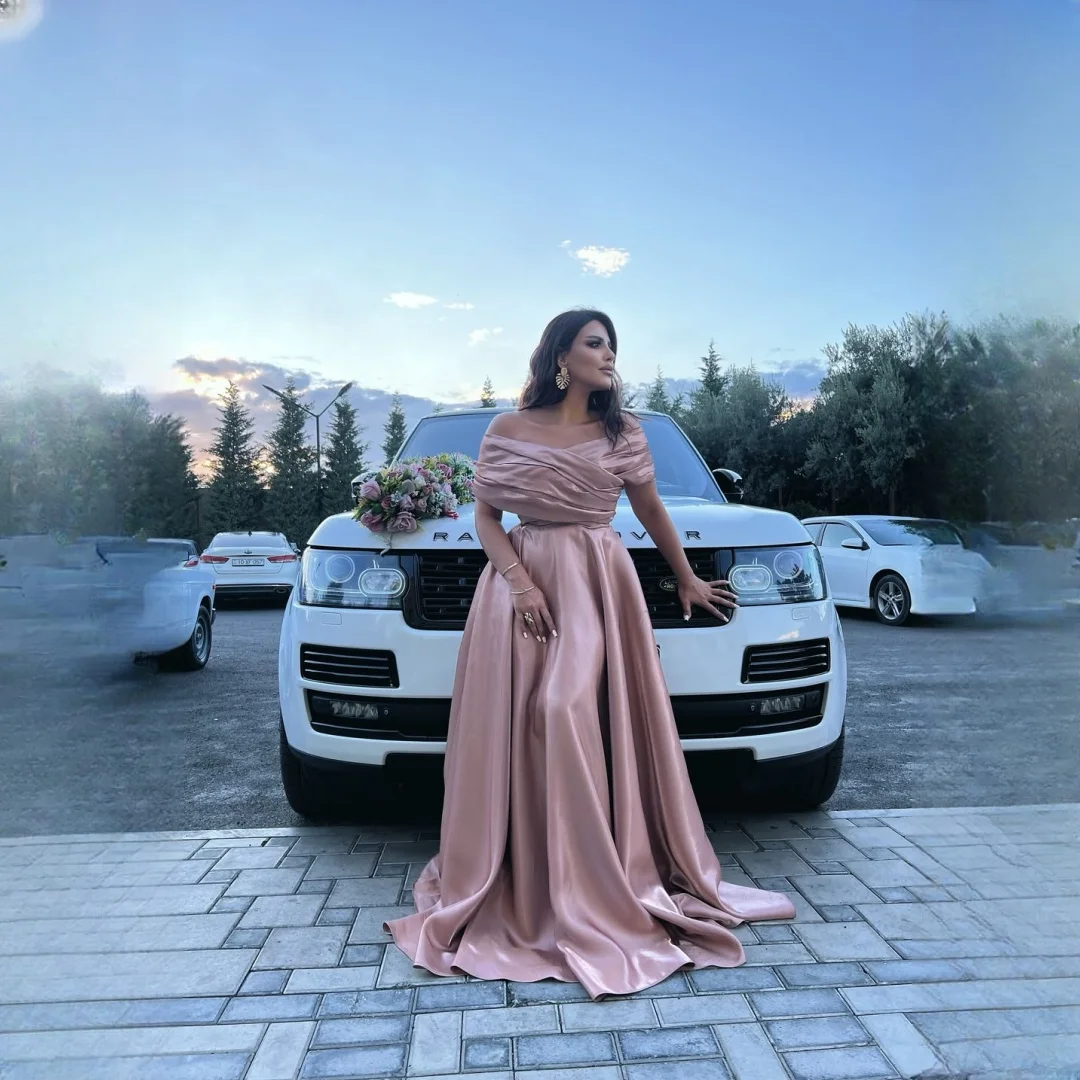 

EDECPBM Satin Off The Shoulder Pink A-Line Evening Dress 2026 Prom Dress Short Sleeve Elegant Formal Evening Gown Custom Made