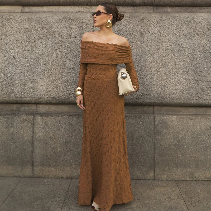 

Ticketsx Classic Solid 2 Piece Set Women's One Shoulder Long Sleeve Pleated Top High Waist Skirt Set Lady Elegant Slim Dress Set