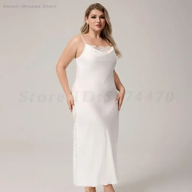 

Large Size 5XL Long Slit Nightgown Lingerie Spaghetti Strap Nightdress Sexy Lace Chemise Sleepwear Home Dressing Gown Loungewear