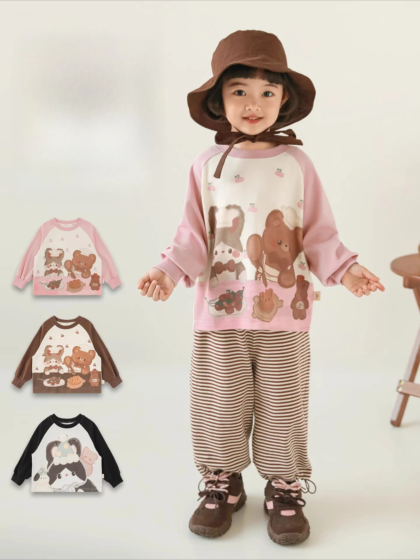 2026 Spring Girls Cartoon Color Block Tee Raglan Sleeve Loose Kids Play Ready Comfort 3-12Y