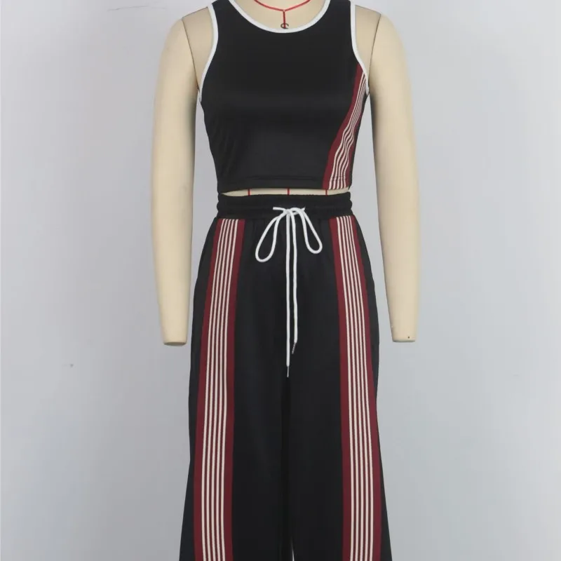 2 peça define feminino terno esportivo fino ajuste colete superior calças de perna larga listrado cintura elástica cordão calças esportivas agasalho