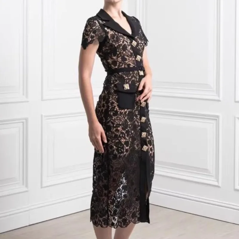 Luxury Design Black Lace Dress for Women Golden Button Notched Neck Summer Holiday Dresses Lady Evening Party Hollow Vestidos