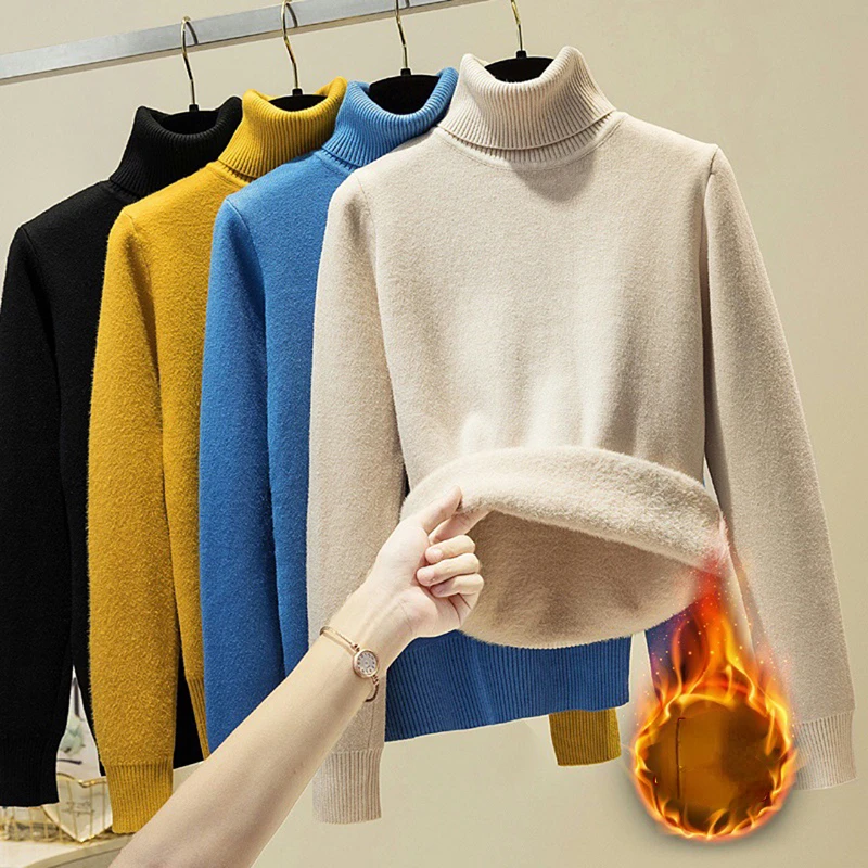 

Women Turtleneck Fleece Sweaters Winter Thick Warm Lined Knitwear Tops Slim Basic Solid Color Female Knitted Pullover Sweater