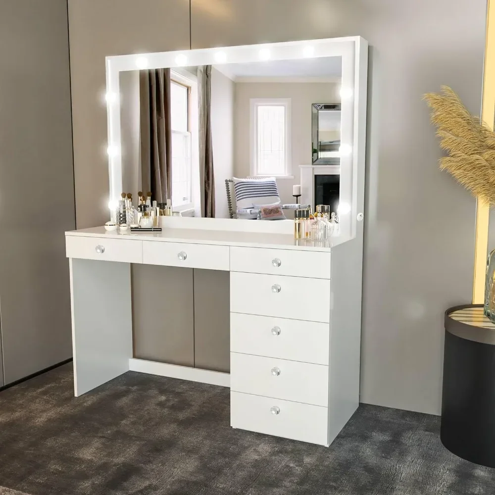 Diana-Grande Vanity Maquiagem Desk com Vanity Mirror, Built-in luzes, 7 gavetas, Crystal Ball Knobs, Power Outlet