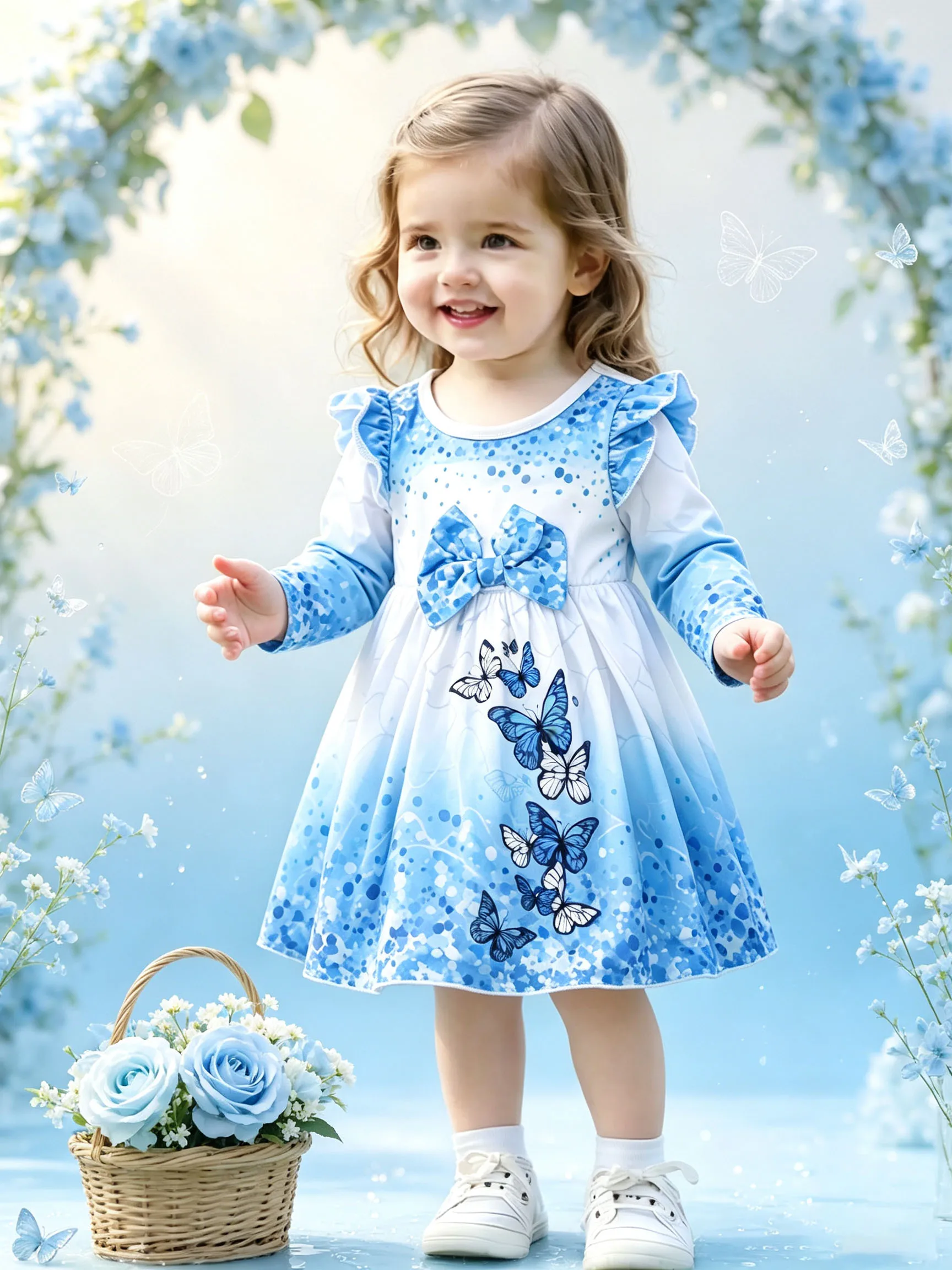 Langärmliges Kleid mit Schmetterlingsdruck für kleine Mädchen, Rüschen-Schleifen-Prinzessinnen-Partykleid für 1-6 Jahre – Detail 1