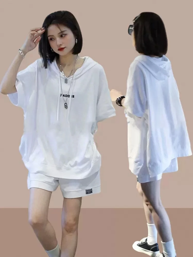 

Модный повседневный женский комплект с коротким рукавом, свободного кроя, летний, новый, спортивный, универсальный, из двух предметов, из полиэфирного волокна