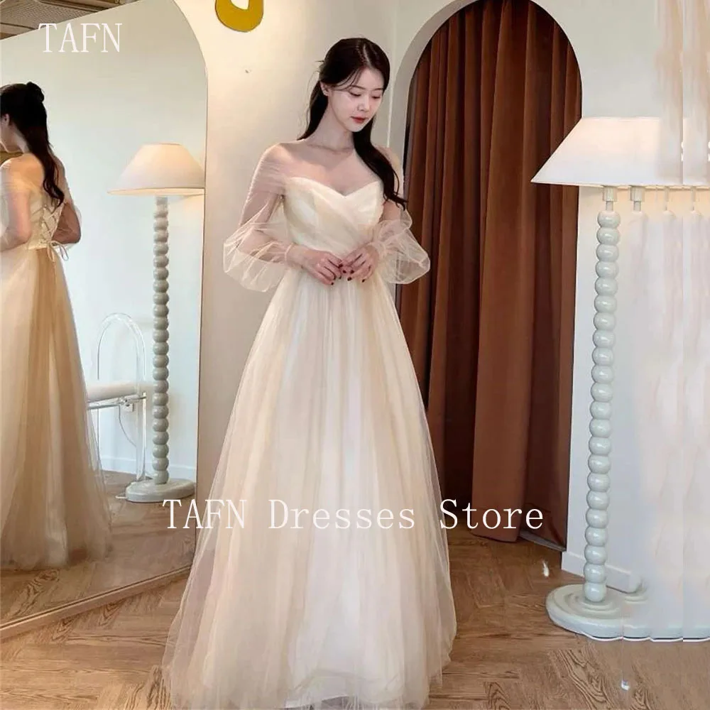 

TAFN Korea Wedding Party Dresses Long Sleeves Vestido De Novia Lace Up Back A Line Formal Occasion Gowns Tulle 웨딩드레스