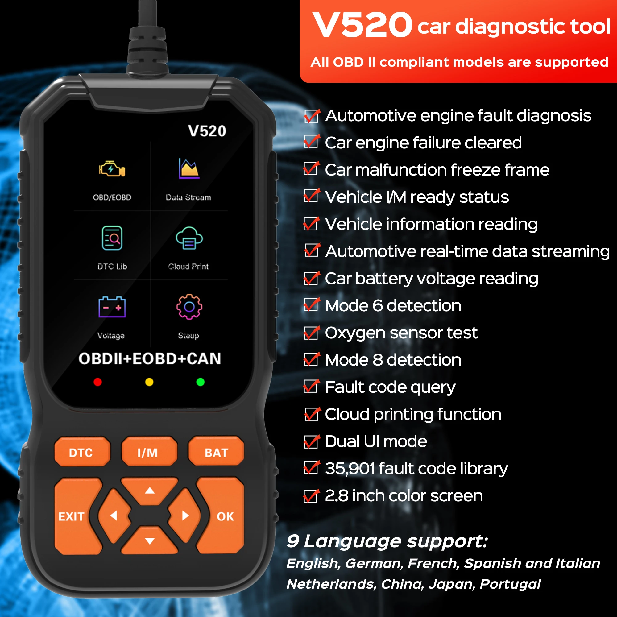 OBD2 Car Scanner Diagnostic Scan Tool,Professional Mechanic Vehicle Fault Code Reader,Auto Read Fault Code Check Engine Light Fo