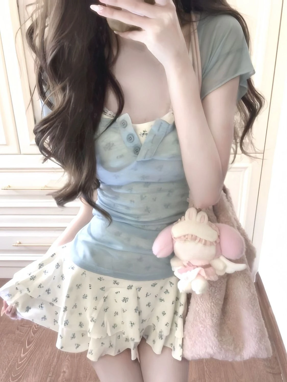 French Pretty Party Two Piece Set Women Summer Hot Girl Blue Cover Up + Floral Spaghetti Strap Dress Suit Harajuku Casual Outfit