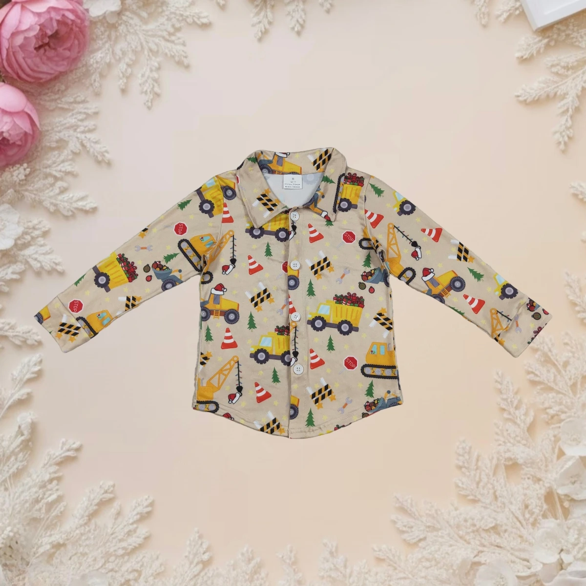 

Adorable Cute Baby Boy Long Sleeve Top Excavator Tree Christmas Print Lapel Infant Toddler Spring Fall Fashion Boutique New 2025