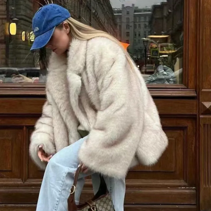 2025 겨울 패션 오버사이즈 그라데이션 퍼 코트 여성 두꺼운 따뜻한 긴 소매 라펠 아우터웨어 플러피 인조 여우털 재킷