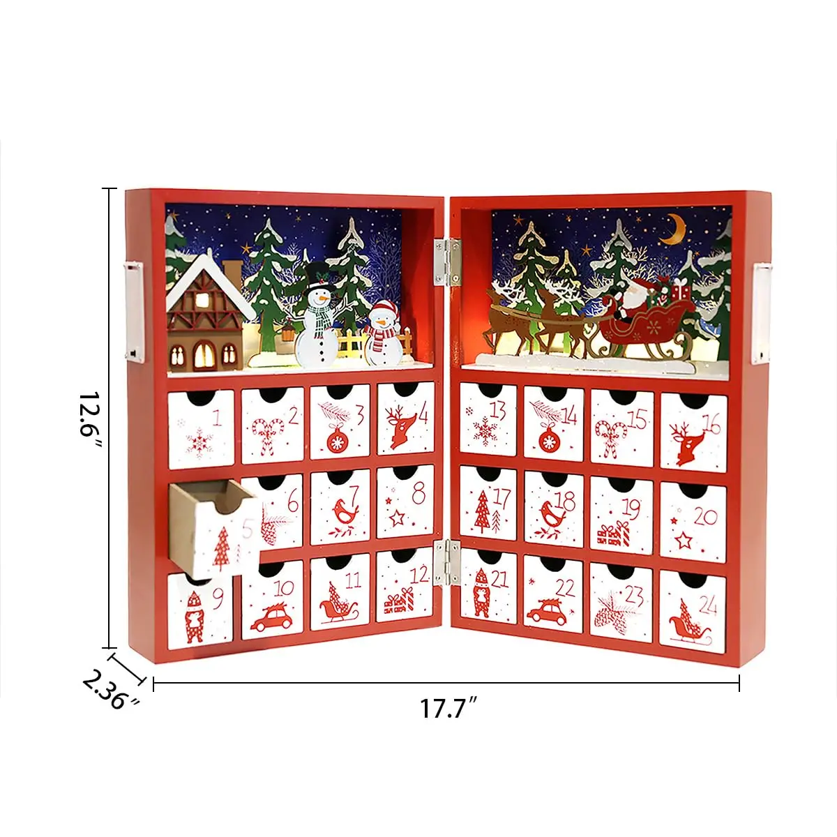 Christmas Wooden Advent Calendar Book with LED lighting Red Color Christmas Snowman & Santa Countdown Holiday Gifts