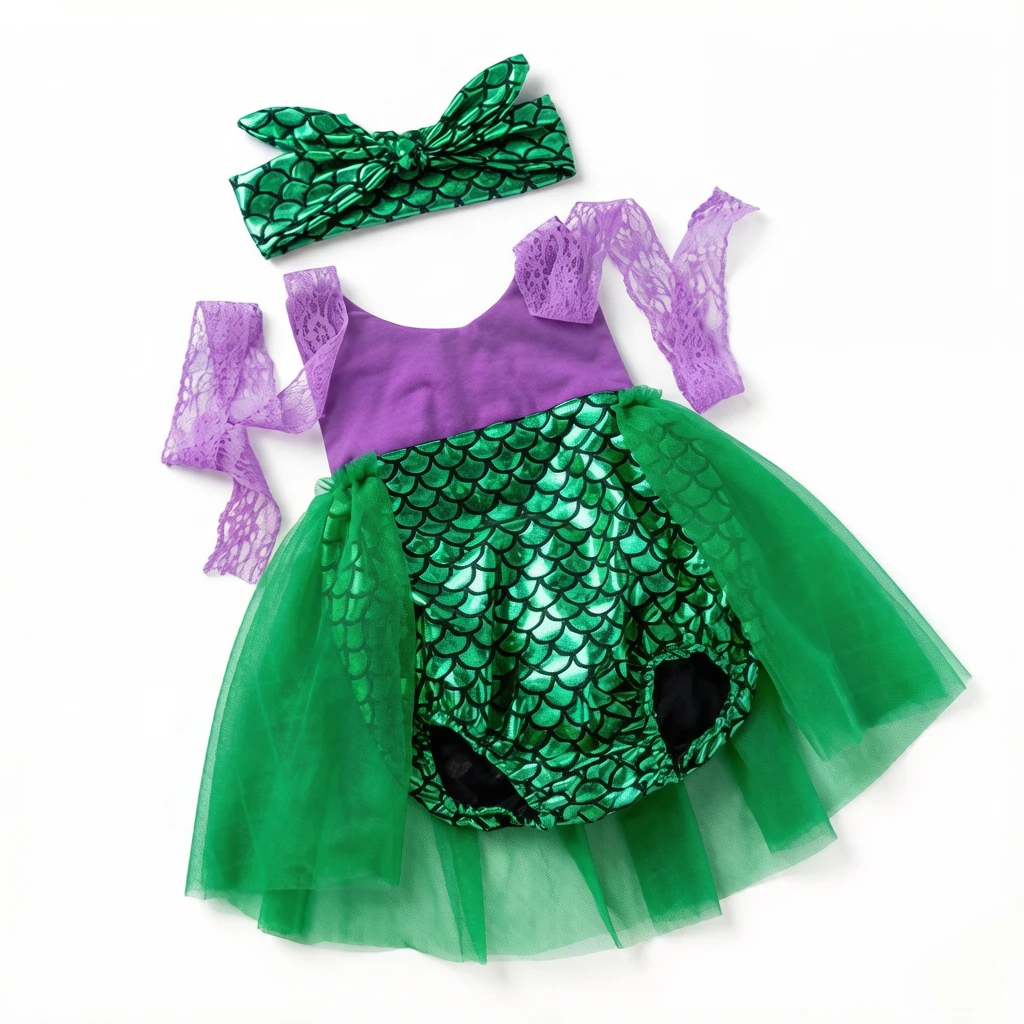 2Pcs Mermaid Lace Sling Dress Set With Headband, hollow breathable summer outfit, sweet romper dress suit for baby girls