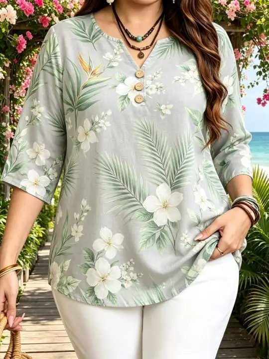 Tropical Leaf Floral Print Plus Size Blouses Notch Split V Neck 3 Wooden Buttons Three Quarter Sleeve Loose Tops For Curvy Women