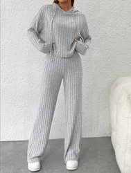 Spring Autumn New Casual Knitted Striped Women Set Hooded Sweatshirt Loose Long-sleeved Trousers 2-piece Suit Knitt Home Sets