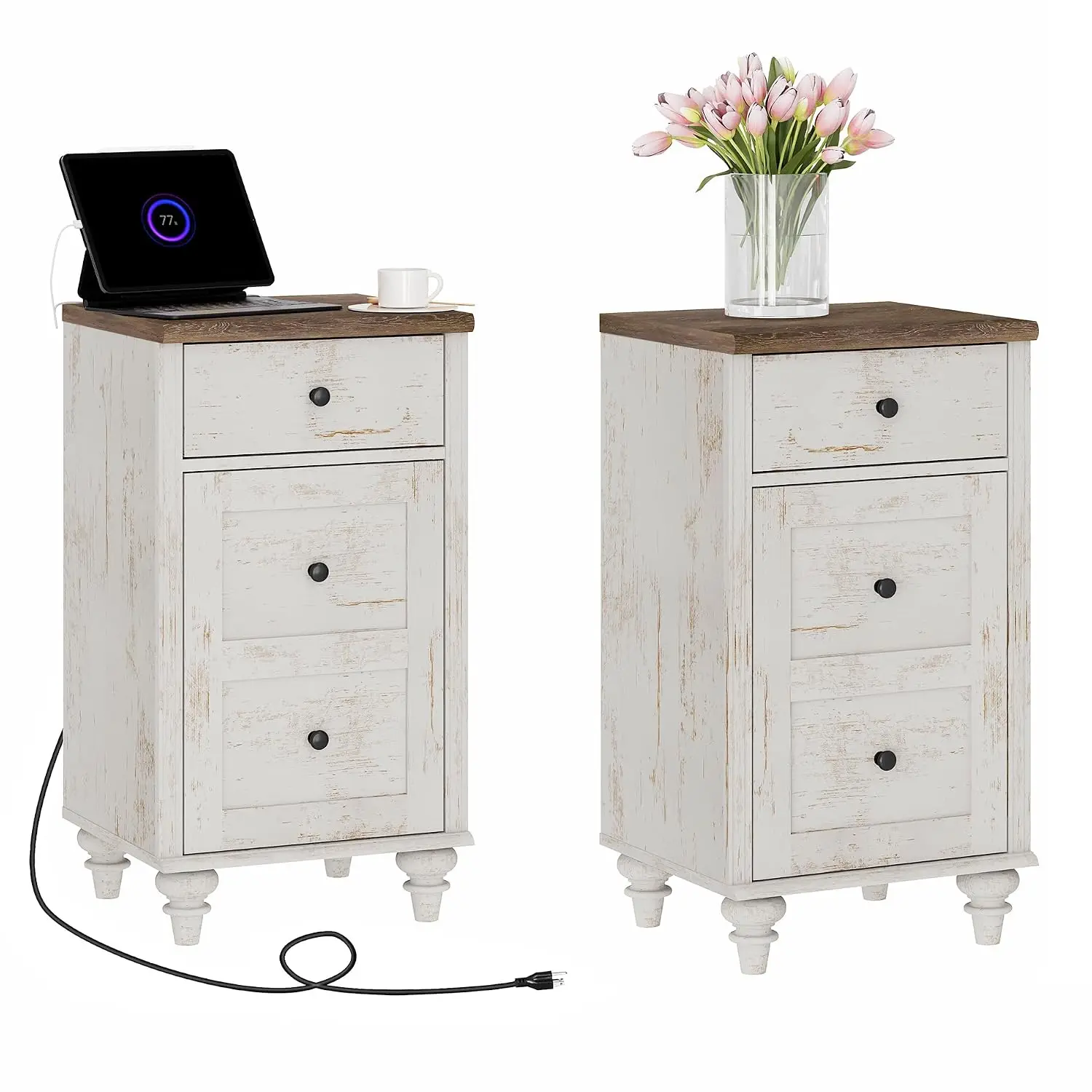 Rustic White Nightstand with Charging Station & USB Ports, Set of 2, 16 inch, Customized
