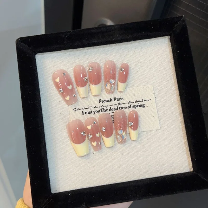 

10PCS Pure Desire Press on Nails French White Cat Eye Glow Handmade False Nails with Hand Painted Love Heart Light Luxury Nails