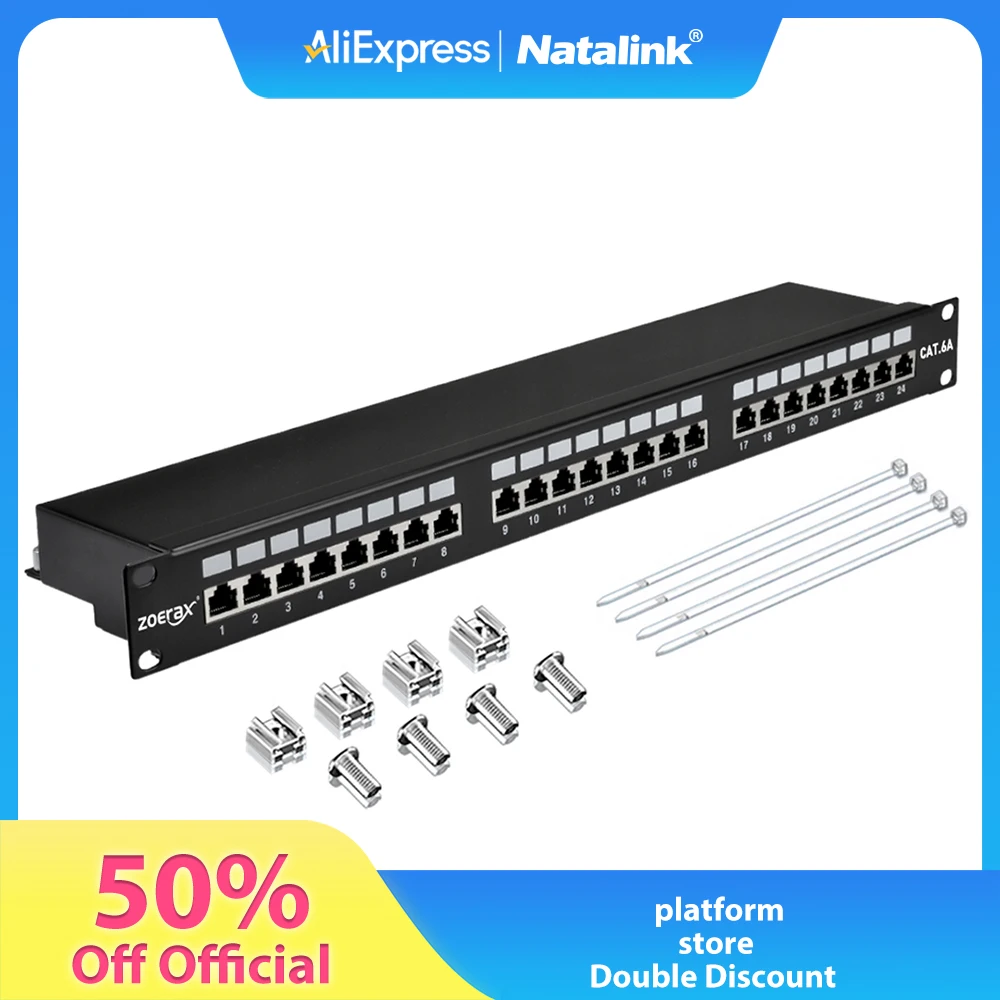 Natalink 24 Port CAT6A Shielded Patch Panel RJ45 CAT6A CAT6 CAT5E CAT5 Network Integrated Cable Organizer 1U 19-inch Patch Panel