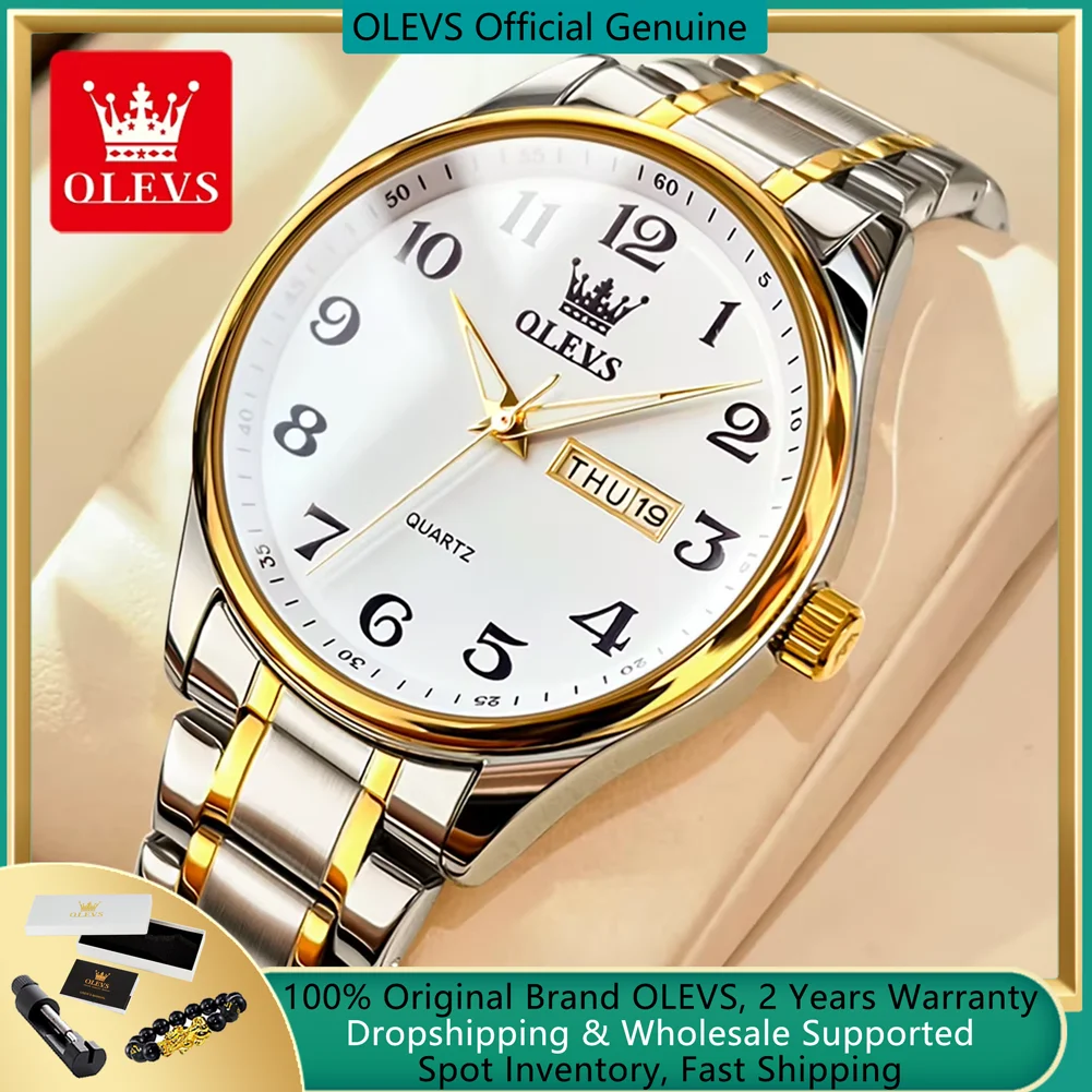 OLEVS-reloj de cuarzo clásico para hombre, cronógrafo de pulsera con esfera Digital, indicador de fecha y semana, luminoso, resistente al agua,