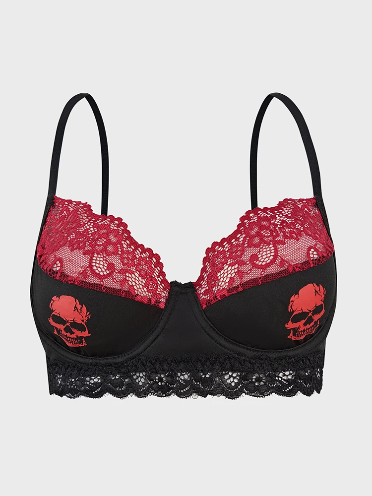 Ultradünner BH mit Spitzenbesatz und Totenkopf-Aufdruck und Stahlring-Unterwäsche. Modisches Damen-Bralette mit Skelettmuster