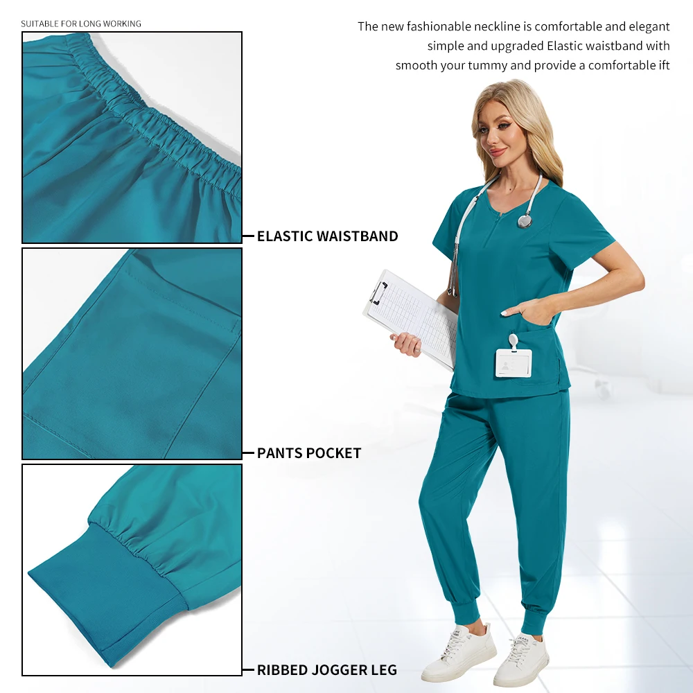 Médico e enfermeira uniformes médicos atacado casual manga curta com zíper-pescoço jogger calças conjunto pet hospital farmácia trabalho uniforme