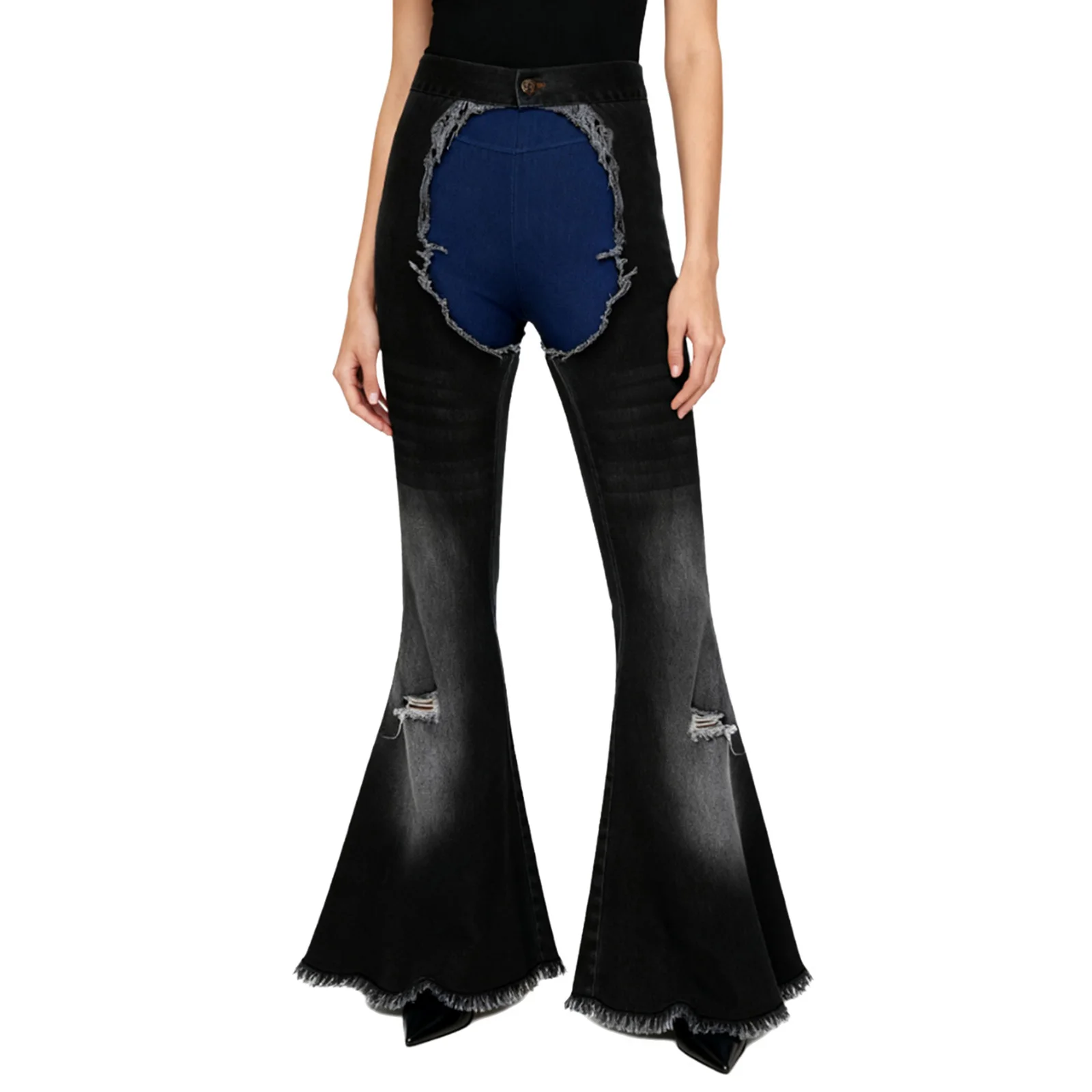 

Womens Denim Chaps Pants Hollow-out Crotch Raw Edge Ripped Distressed Wide Leg Jeans Cowgirl Riding Trousers for Halloween Party