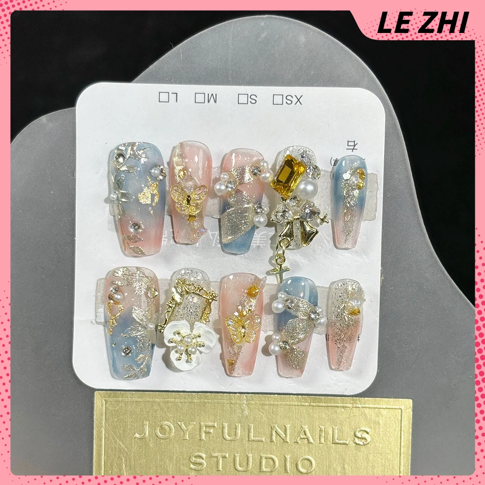 Handmade 3D Flower Nail Party Sticker Light Pink Lily Pearl Bowknot Press On Nail French Style Rhinestone Nail Party Sticker