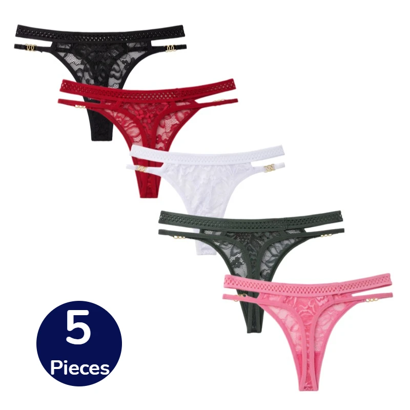 BZEL 5 Stück/Set Spitzen-Damenhöschen, modischer Gürtel mit Schnalle, weibliche Tangas, sexy Dessous, ausgehöhlte G-Strings, gemütlicher T-Back, HotSale