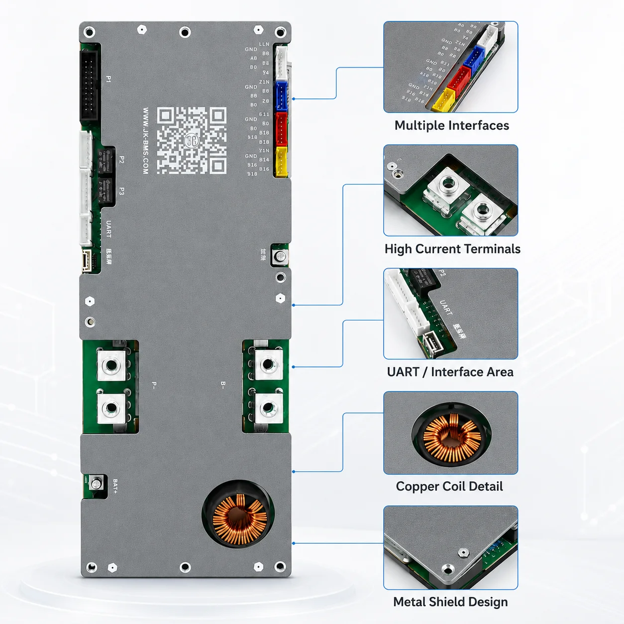 Picture 6: PB2A16S20P JKBMS 16S 200A Bms for Lithium Ion Battery Pack Lifepo4 Battery Bms 48v Parallel Support RS485 CAN BT JK Inverter BMS