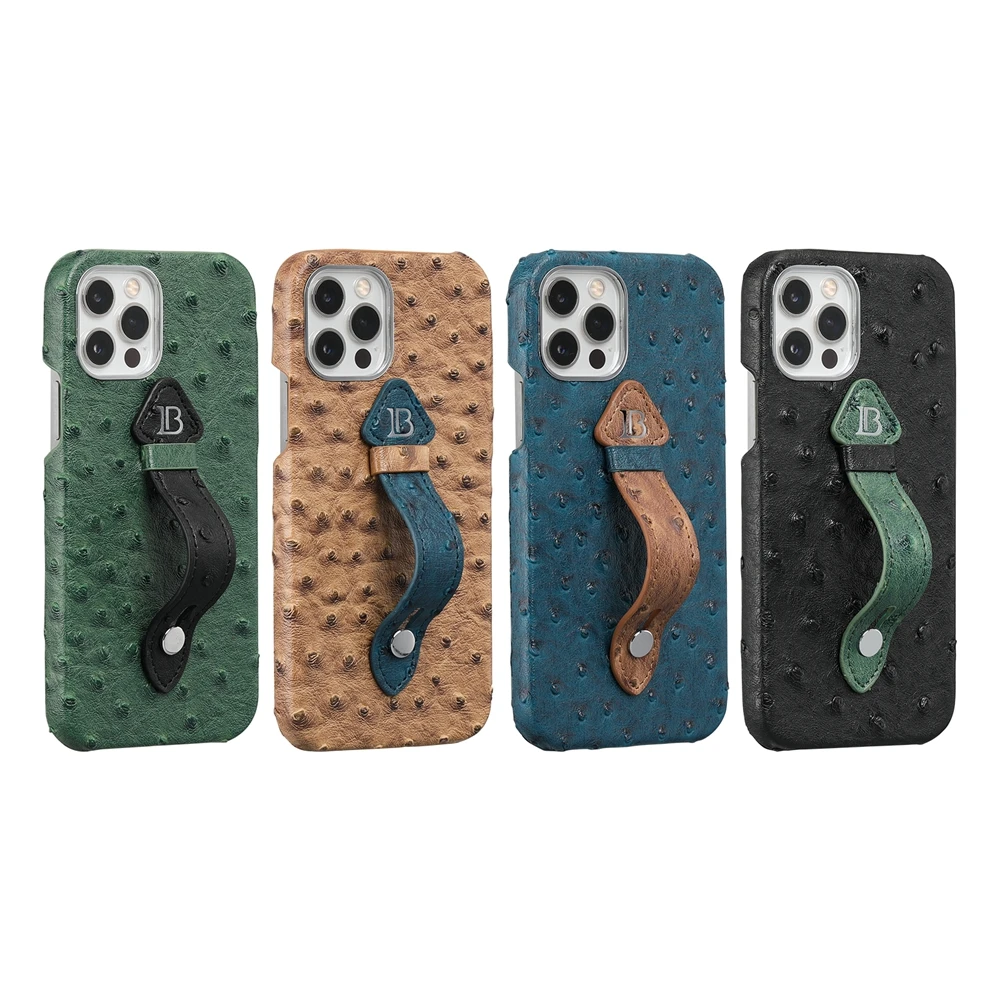 Hand Wrist Strap Stand Ostrich Leather Case For iPhone 14 13 11 12 Pro Max Mini XR X XS 14 Plus Retro PC Hard Shockproof Cover