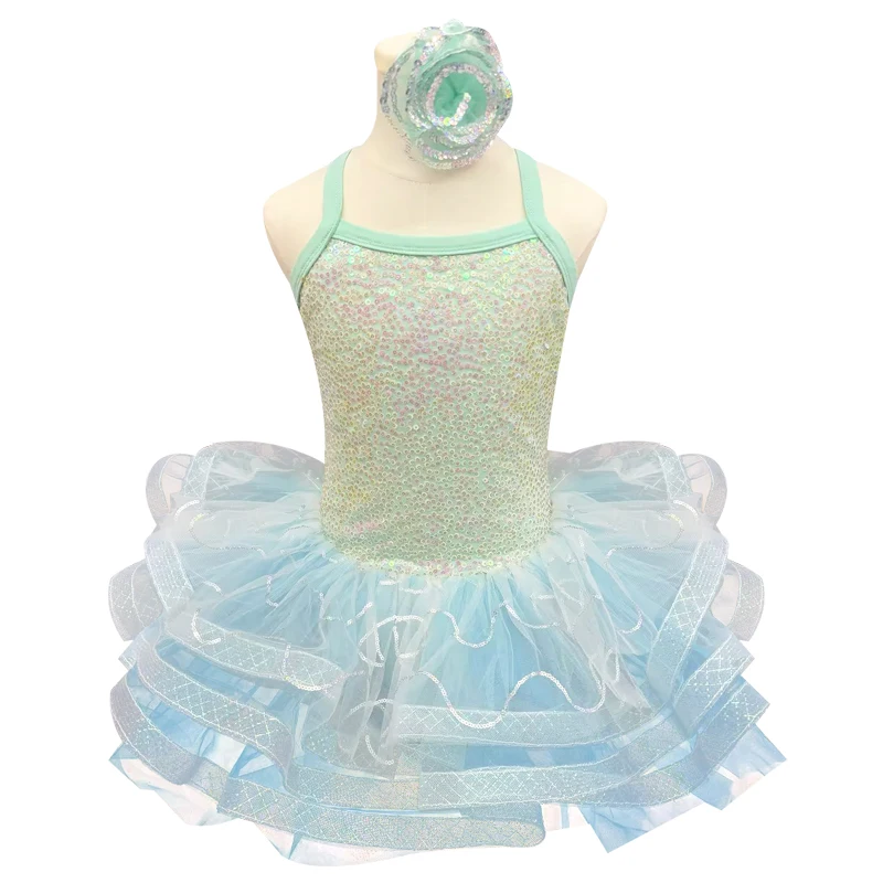 Girls' Pink Sequin Ballet Dress with Layered Tulle Skirt and Flower Headpiece Cross Back Dance Costume