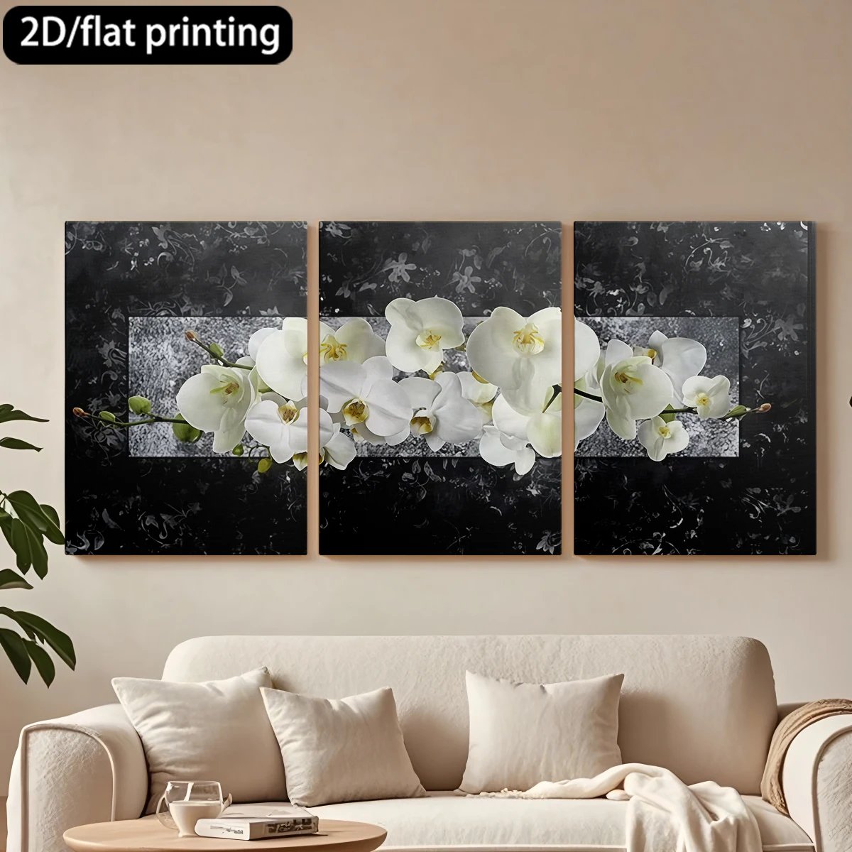 

Three-panel decorative canvas paintingElegant white orchids, decorative background.