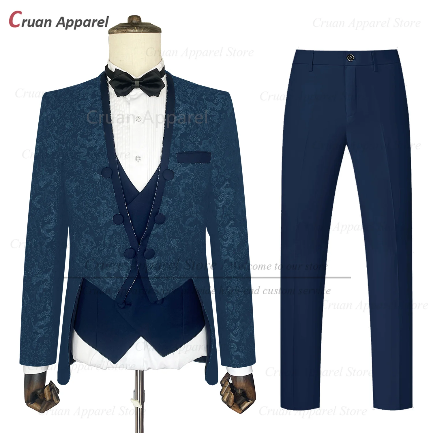 

Classic Navy Blue Suit Sets For Men Wedding Banquet Groom Fashion Jacquard Tuxedos Prom Elegant Male Blazer Vest Pants 3 Pieces