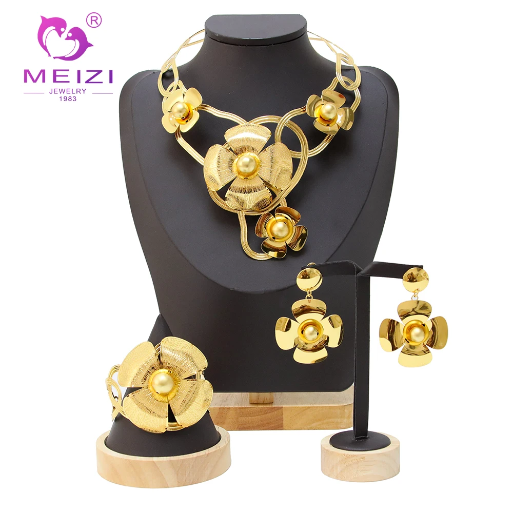 

Latest 24K Colour Dubai Gold Plated Jewelry Set Ladies Flower Glossy Necklace Earrings Bracelet Wedding Accessories