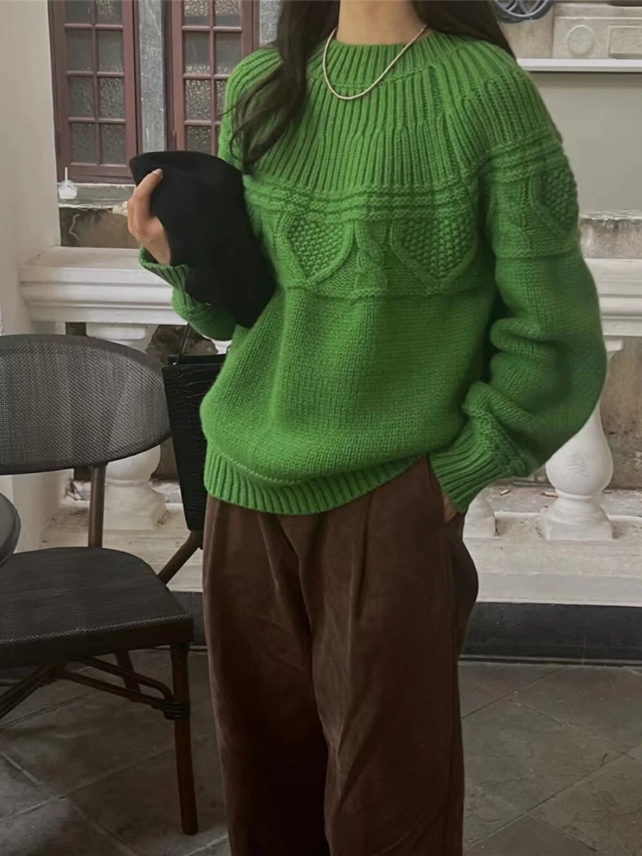 두꺼운 니트 스웨터 여성 빈티지 라운드 넥 느슨한 캐주얼 가을 겨울 패션 홍콩 스타일 스웨터 트렌디 코튼 블렌드