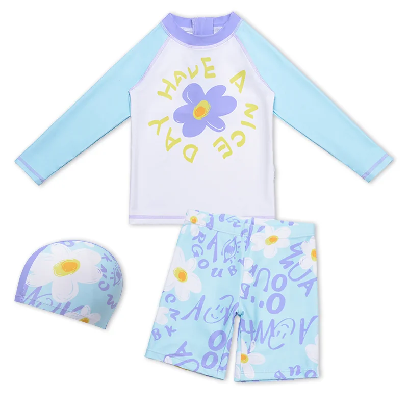 

Boys Three Piece Rash Guard Swimsuits Kids lLong Sleeve Swimwear Sets Bathing Suit with Sun Hat UPF 50+ UV Protective