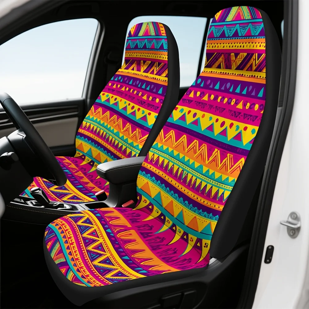 2pcs Vibrant Tribal Car Seat Covers - Washable, Soft Polyester, Universal Fit For Most Vehicles, Colorful Geometric Patterns, Pe