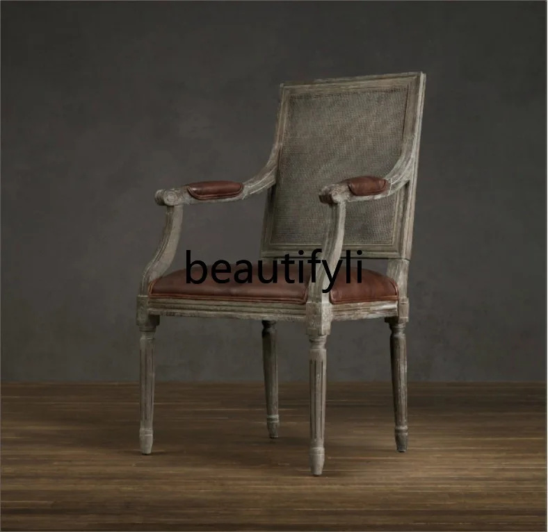 

American French Country Retro Design Solid Wood Adult Dining Chair American Oak Rattan Office Chair