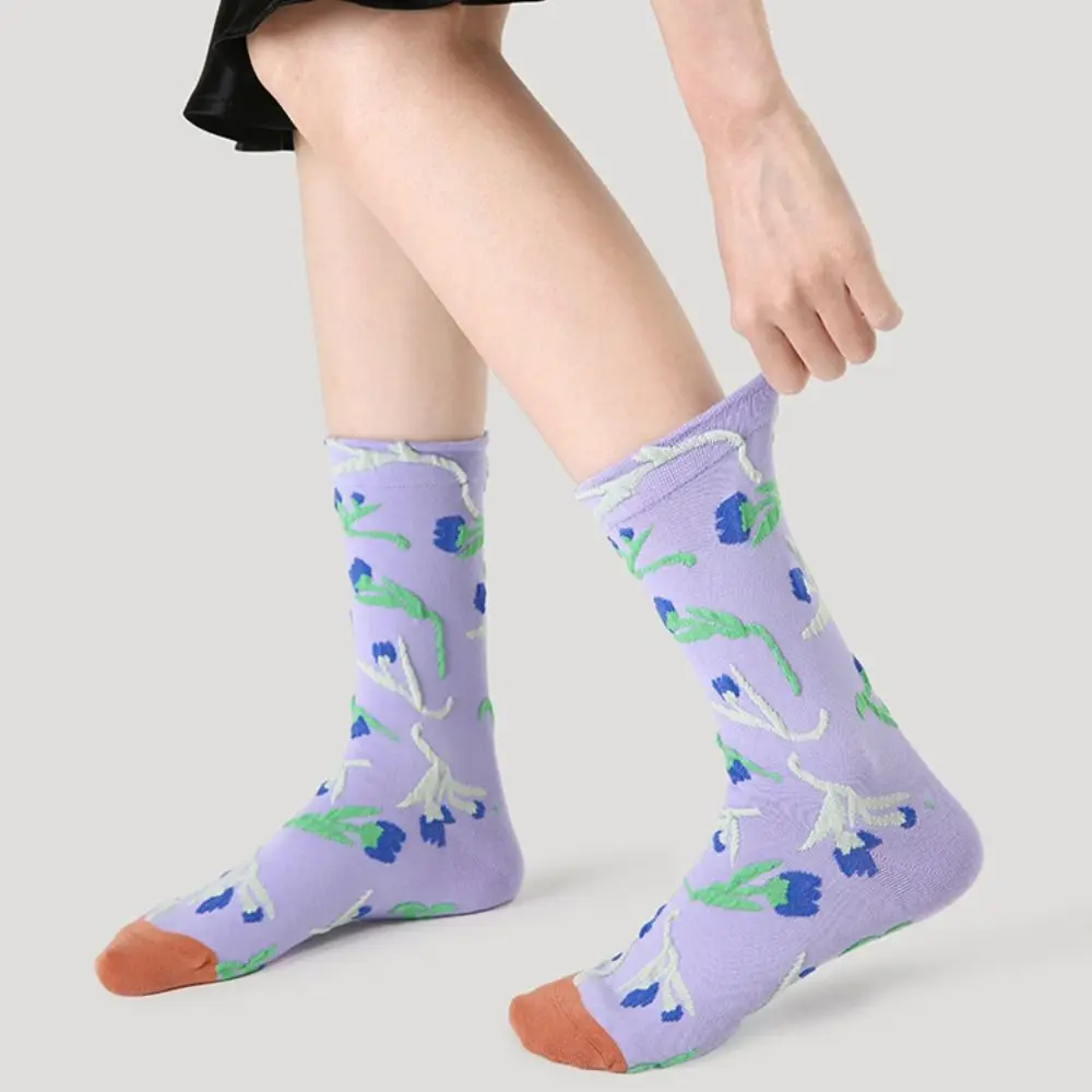 Plant Middle Tube Girls Jacquard Socks Print Embroidery Korean Style Socks Harajuku Cotton Floral Hosiery Girls