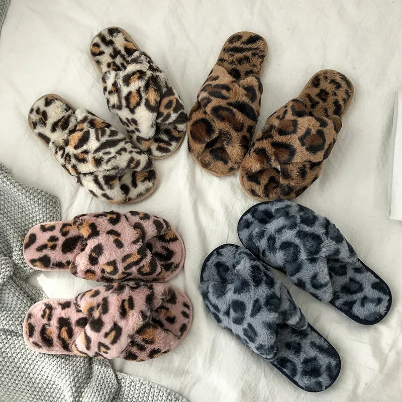Women open-toe Leopard Print Plush Slippers Soft Warm Plush Slippers Indoor Outdoor Dormitory Winter Fluffy Slippers Ladies