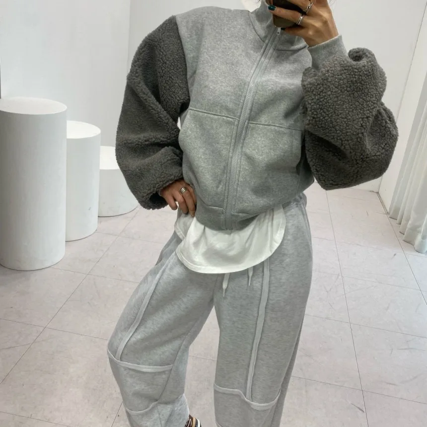 

Winter New Sle Women's Zipper Splicing Lamb Fur Hoodie Jaet Stand Collar Trendy Casual Korean Sle Outerwear Top