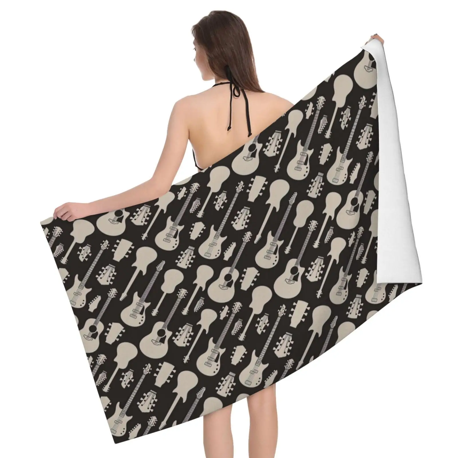 Vintage Guitar Pattern Print Sand Free Beach Towel Quick Dry Absorbent Music Theme Bath Towel for Pool Swimming Bathroom Beach