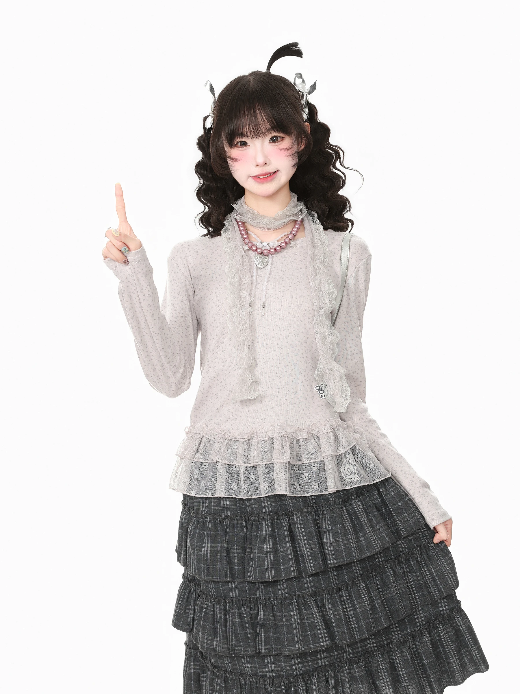 Sweet Style Embroidered Lace Trim T-Shirt Women's Autumn Japanese Style Low Waist Long Sleeve round Neck Casual Fashion