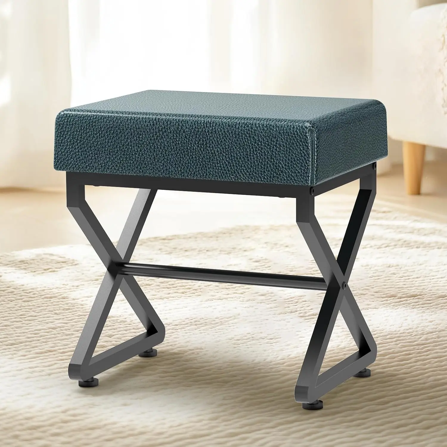 

Ottoman Foot Rest With X-Leg, Square Leather Makeup Vanity Stool Chair, Small Green Ottoman Seat For Couch Living Room Bathroom