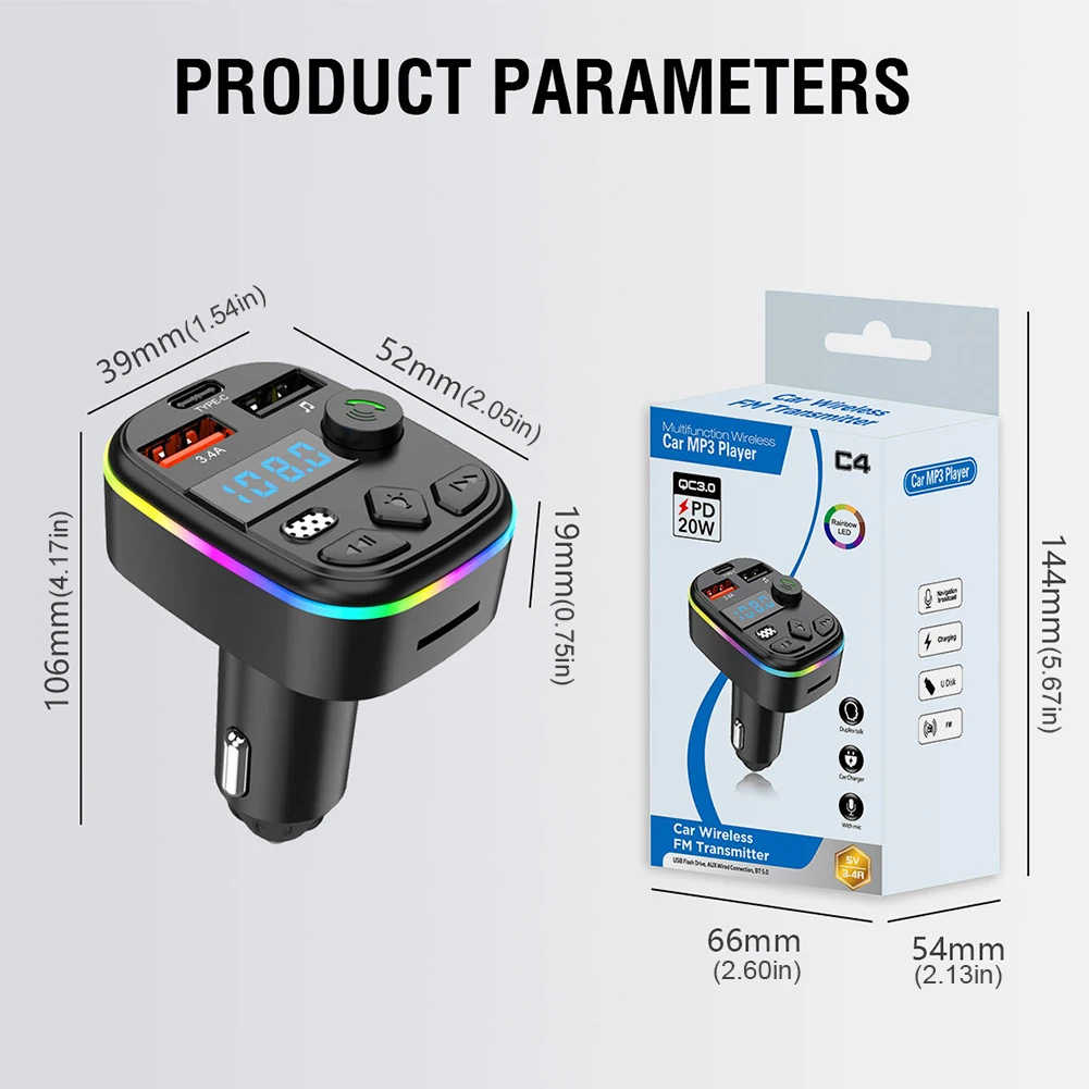 1/2/5PCS Car FM Transmitter Bluetooth 5.0 PD Type-C Dual USB Ambient Player Type-C Wireless Light 18W Handsfree Car MP3 Charger