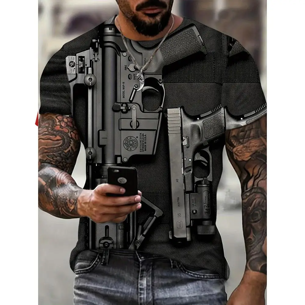 Men's T Shirt Gun Graphic Print T-shirt For Summer Short Sleeve Tees For Outdoor Streetwear Men Clothing Tops Fashion O-Neck Tee