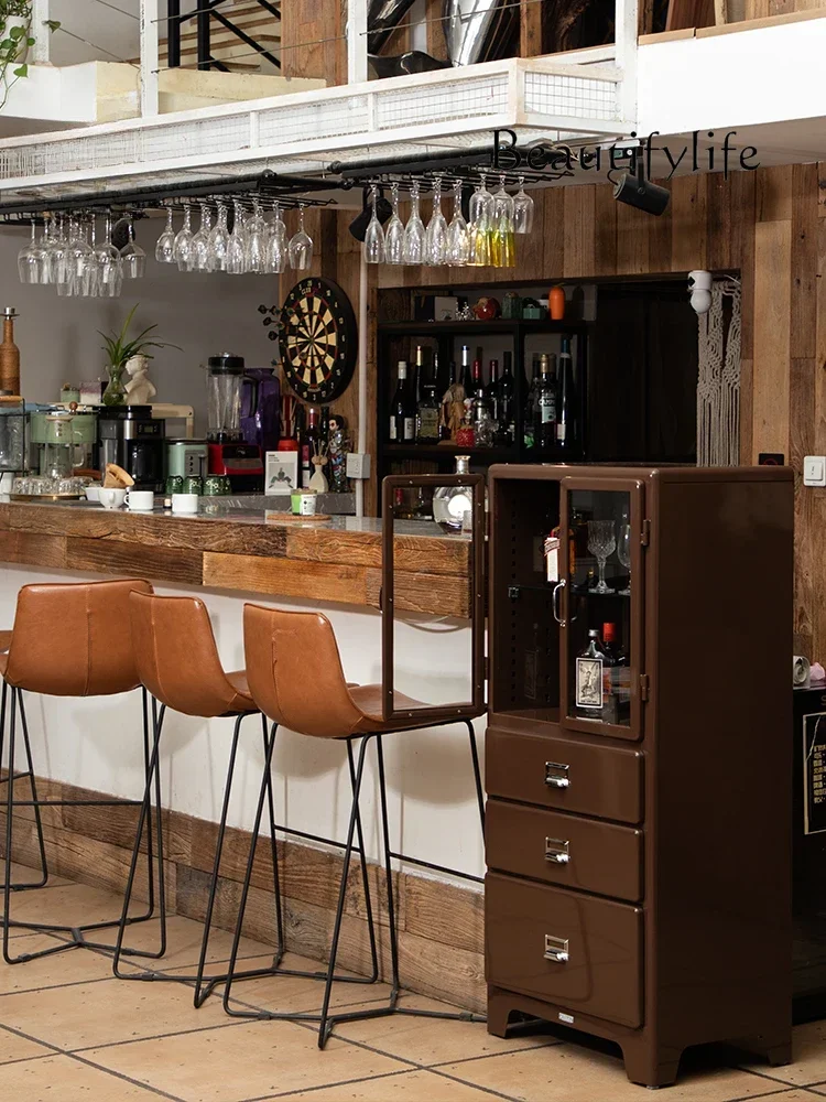 Industrial Style Metal Wine Cabinet Glass Double Door Drawer Storage Display Display Locker