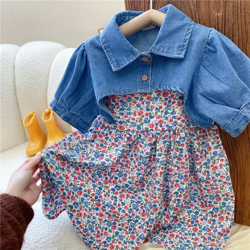 

Summer New Girls' Outfit Denim Cape Top with Floral Strap Dress Two-Piece Set